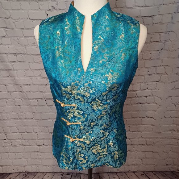Dragon Brocade Turquoise & Gold Vietnamese Blouse Medium - Picture 3 of 10